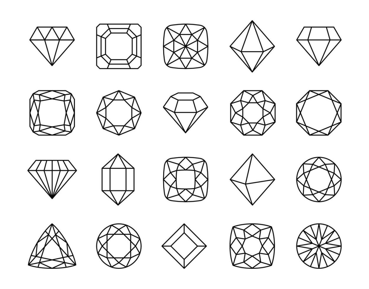 ewel Diamant. Diamanten Edelsteine, Luxus Edelsteine und kostbar Kristalle, facettiert brillant. isoliert Vektor Linie Schatz Symbol einstellen