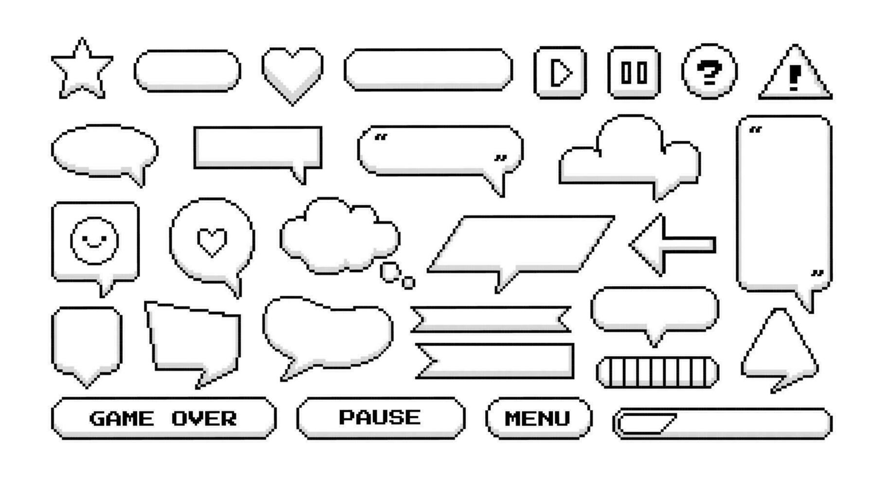 Pixel Spiel rahmen. Pixel Kunst Blase Rede, Text Plaudern Wolke, Symbol Spiel Form, Geek Digital zitieren, Spieler Kommunikation, sich unterhalten spielen Banner. Vektor einstellen