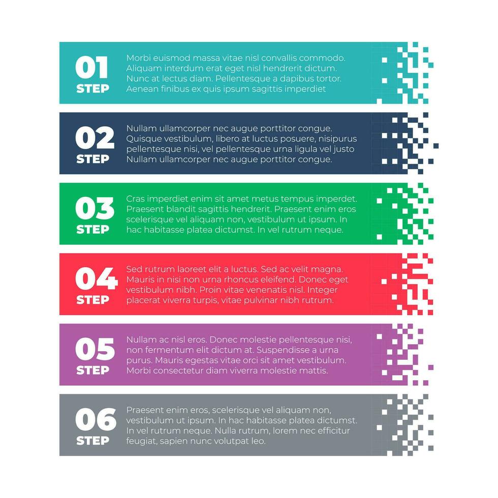 alternativ infografik. pixel Färg banderoller med mosaik- lutning, horisontell rektangulär remsor med 6 steg alternativ. företag infographic vektor mall