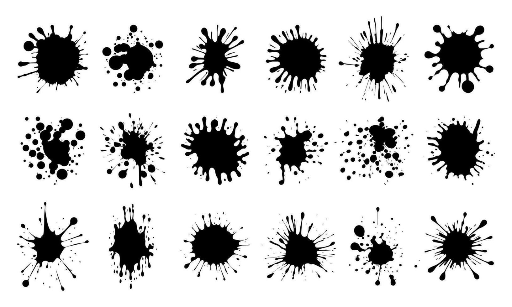 bläck droppar. bläck utplåna fläck och stänka ner, svart flytande måla droppa stänk. konstnärlig smutsig grunge abstrakt fläck färgning färgade effekt isolerat vektor uppsättning