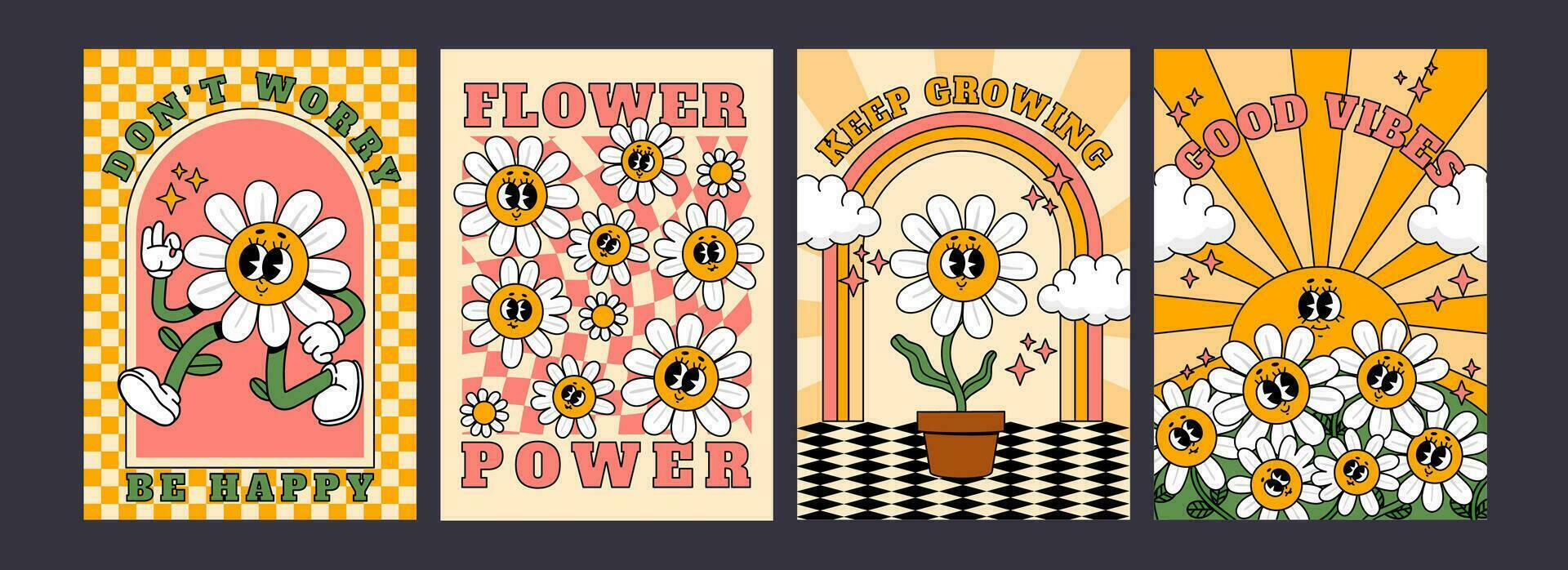 häftig 70s affisch. retro hippie psychedelic karaktär med häftig landskap. söt galen blommor, regnbågar, daisy element. design mall begrepp vektor uppsättning