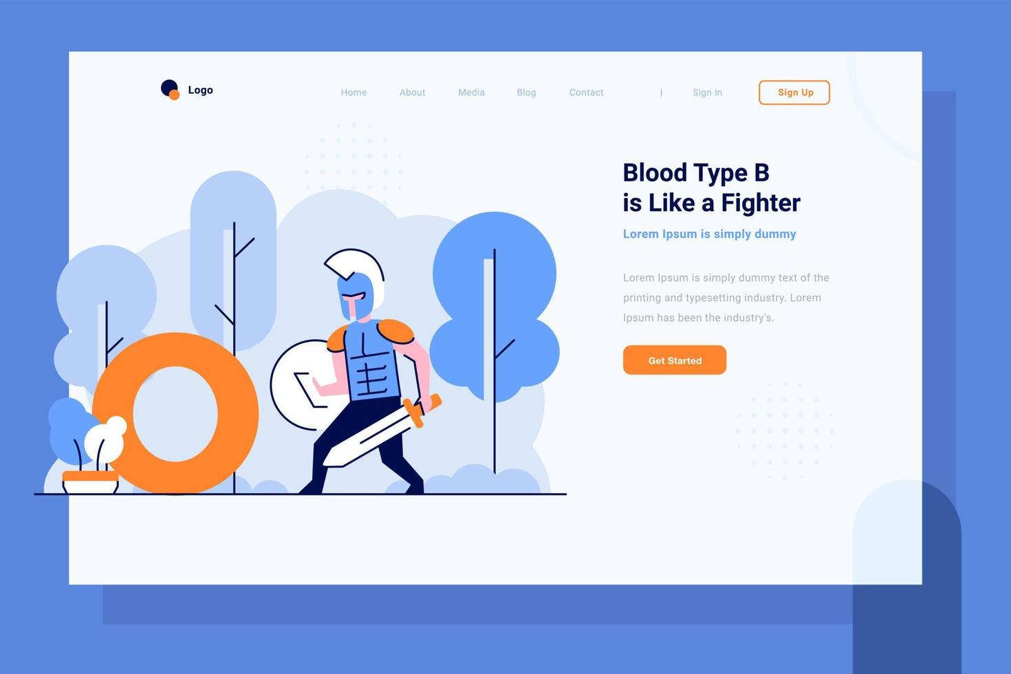 Landing Page Gesundheit medizinische Blutgruppe oder Kämpferkrieger, die bereit sind, flachen und umrissenen Designstil zu bekämpfen vektor