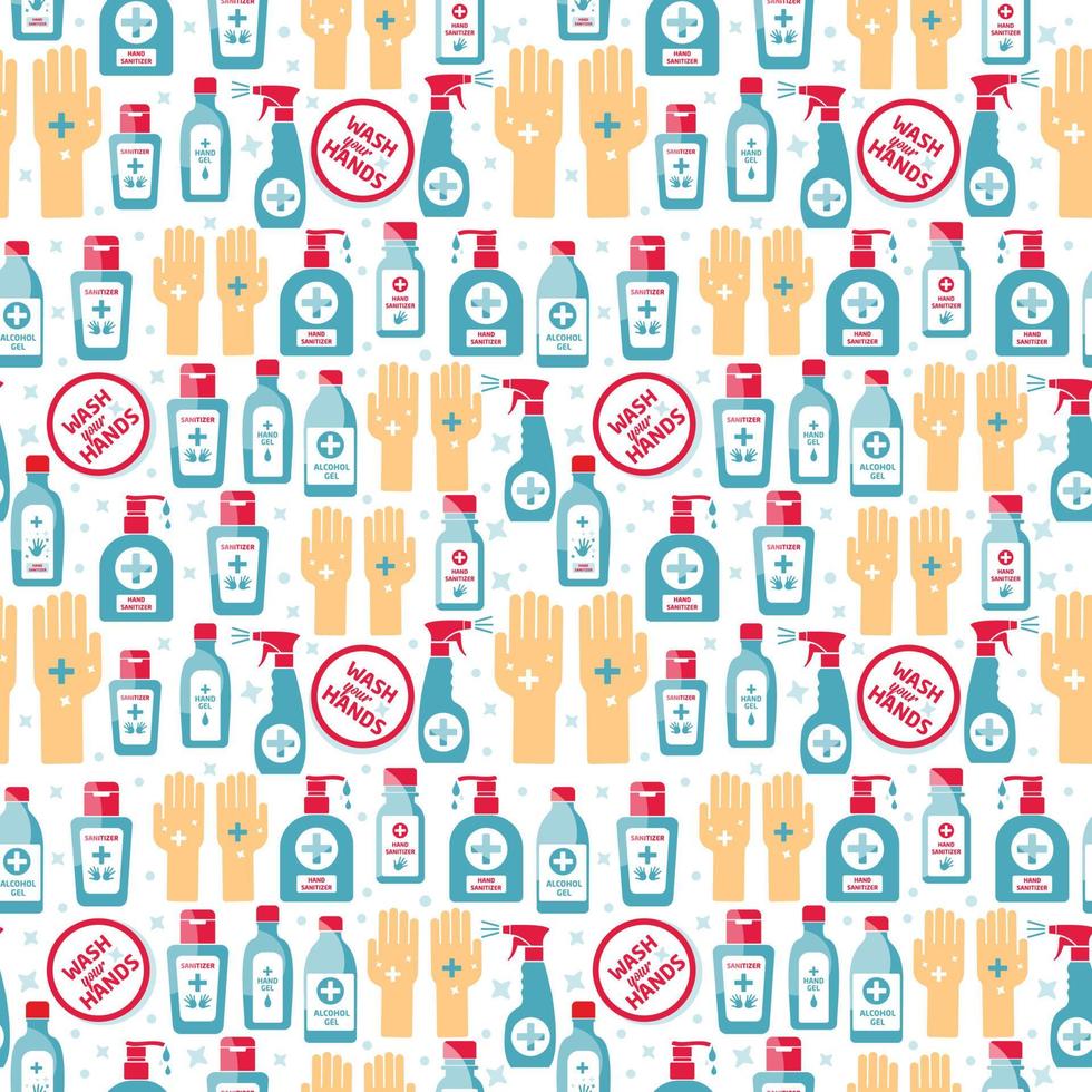 Vektor Händedesinfektionssymbol, Alkoholflasche für Hygiene, lokalisiert auf Weiß, Zeichen- und Symbolschablone, medizinische Illustration. nahtloses Muster.