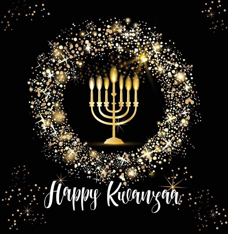 Banner für Kwanzaa mit traditionellen Kerzen, die die sieben Prinzipien oder Nguzo Saba darstellen. Gold glitzert und Schriftzug Happy Kwanzaa. vektor