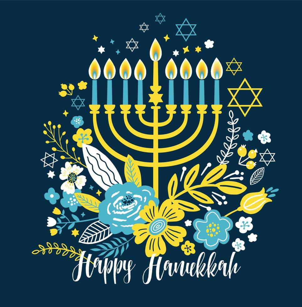 judiska semester hanukkah gratulationskort traditionella chanukah symboler - menorah ljus, stjärna david, blommor illustration på blå. bokstäver rubrik. vektor
