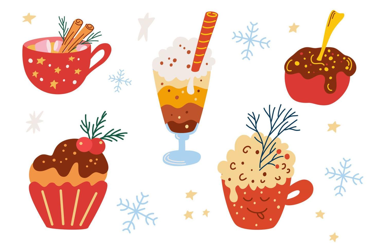 Weihnachtsbonbons-Kollektion. gemütliche Tassen, Kakao mit Schlagsahne, Kaffee, traditioneller Weihnachtskuchen. Grußkarte für Neujahr oder Winterferien. Cartoon-Vektor-Illustration. vektor