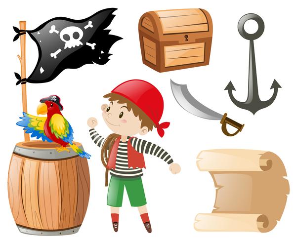Piratkopiera med många saker och pirat vektor
