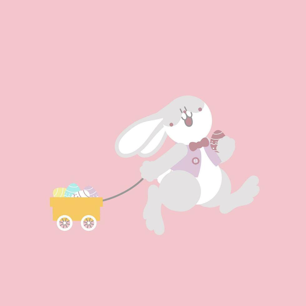 Lycklig påsk festival med djur- sällskapsdjur kanin kanin, vagn och ägg, pastell Färg, platt vektor illustration tecknad serie karaktär