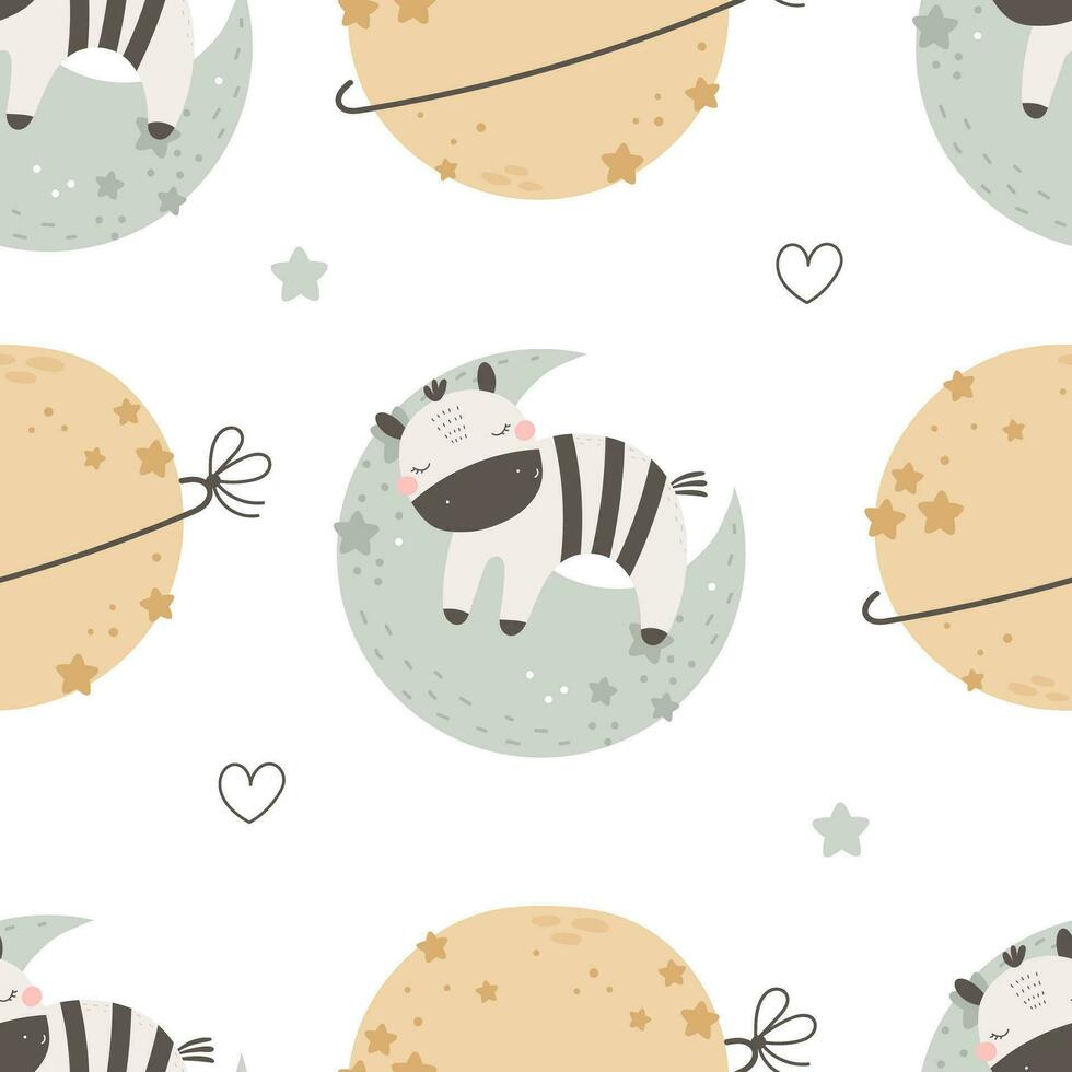 sömlös mönster med söt zebra, måne, dekor element. enkel platt vektor. hand teckning för barn. djur- tema. bebis design för tyg, textil, omslag, skriva ut. vektor