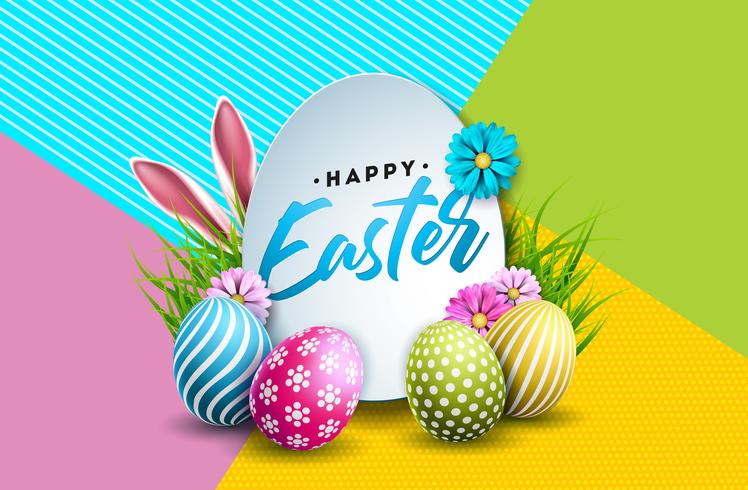 Vektor illustration av lycklig påskferie med målat ägg, kaninöron och vårblomma