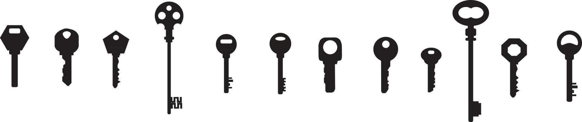 Satz schwarze Silhouetten von Türschlüsseln. Schlüsselsymbol set.vintage Schlüssel antiken Türschlüssel isoliert auf weißem Hintergrund. Schlüssel und Vorhängeschloss-Silhouette. Vektor-Illustration vektor