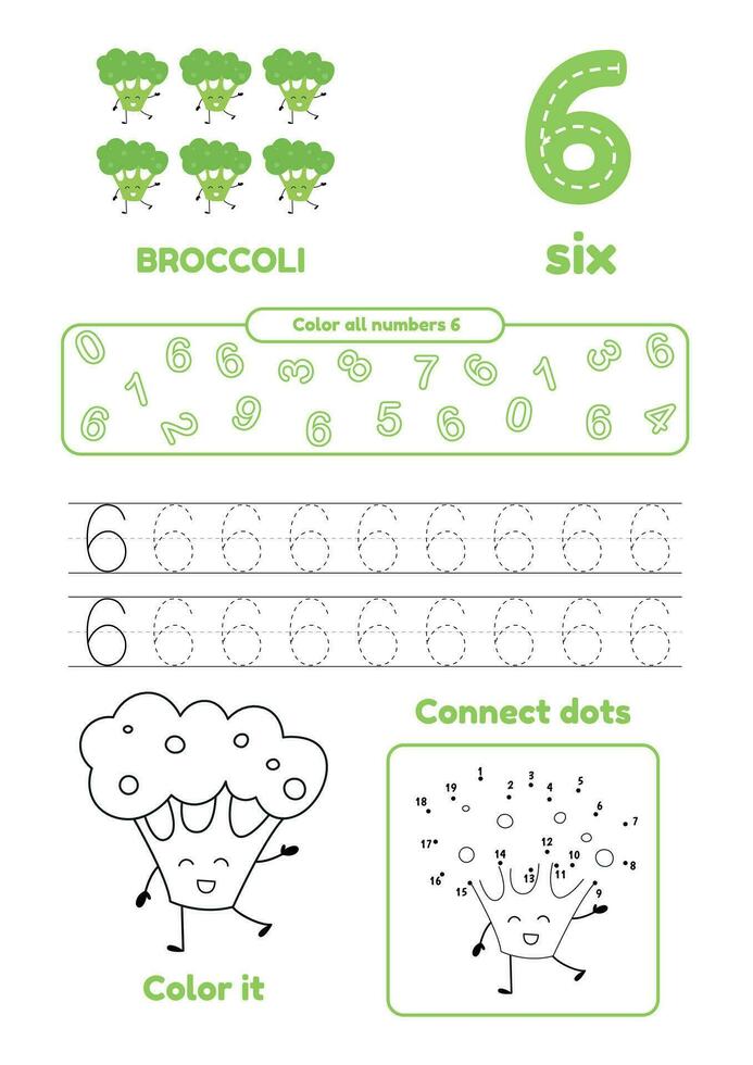 fritid spel för förskola barn på ett sida. punkt till punkt, spår, Färg och lära sig siffra sex vektor