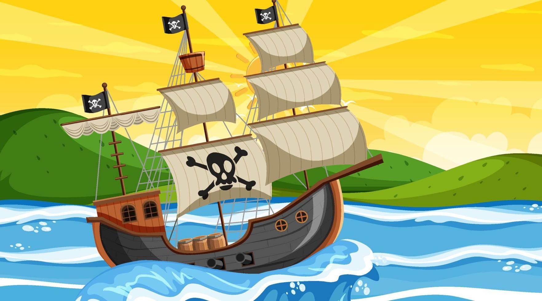 Ozean mit Piratenschiff bei Sonnenuntergangzeitszene im Karikaturstil vektor