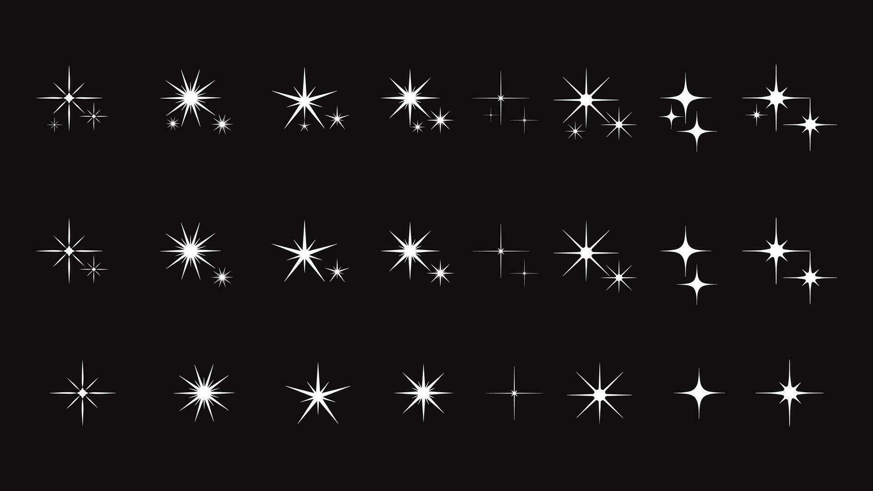 funkelnd Sterne Komposition. glühend Weiß Star Schablone, isolieren verschiedene funkelnd Elemente. himmlisch Körper, blinkt Vektor Zeichen Clip Art Sammlung von anders Weihnachten Schneeflocken