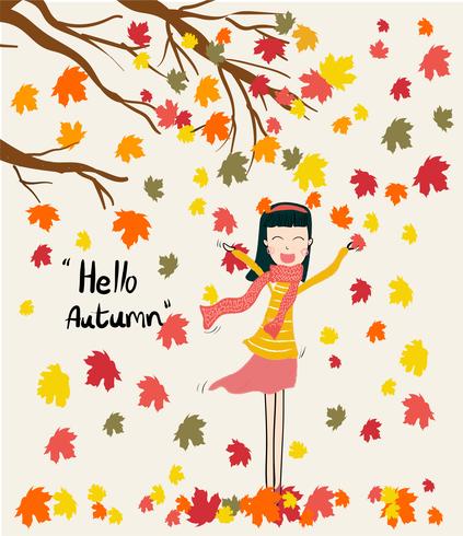 vektor en flicka som står under torra löv fallande träd i höst säsongen, vindblåsning med Hello höst ord