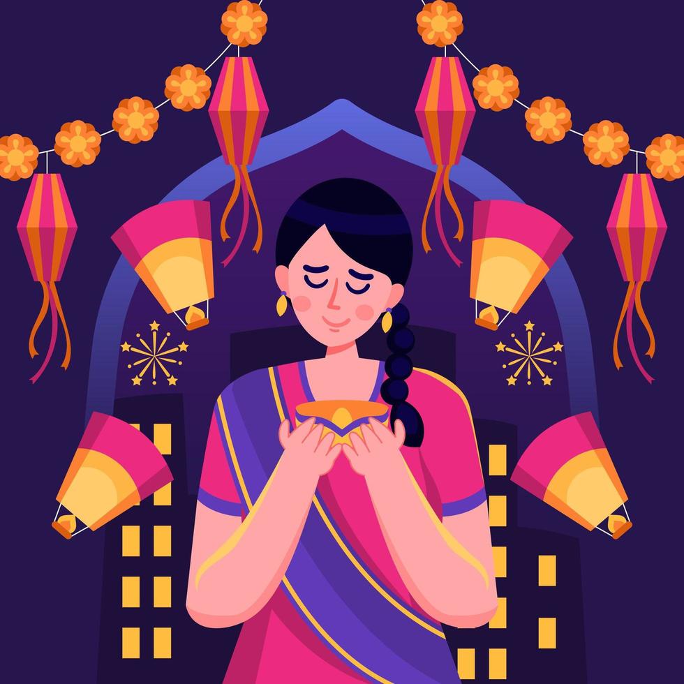 indisches mädchen trägt einen behälter mit kerzen auf diwali vektor