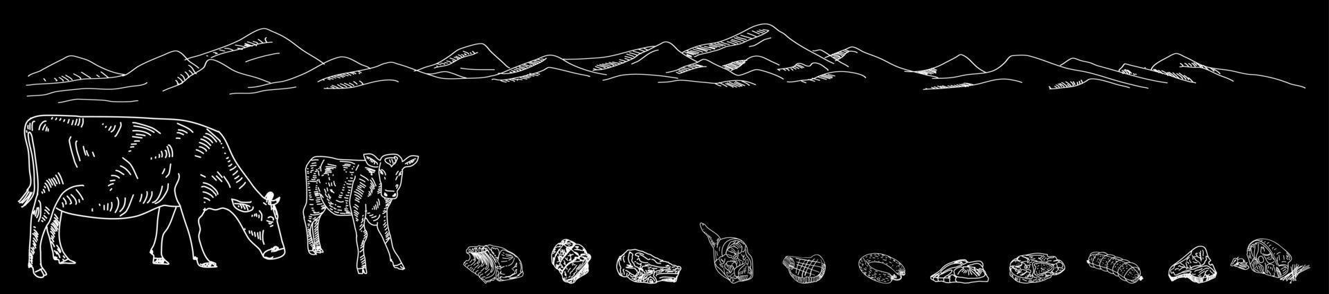 färskt köttprodukter samling. skiss vektor illustration.