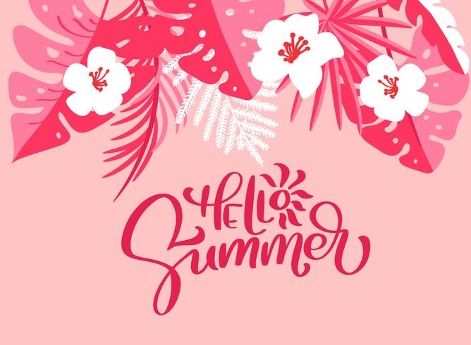 Text Hello Summer i blommig palm lämnar bakgrund vektor