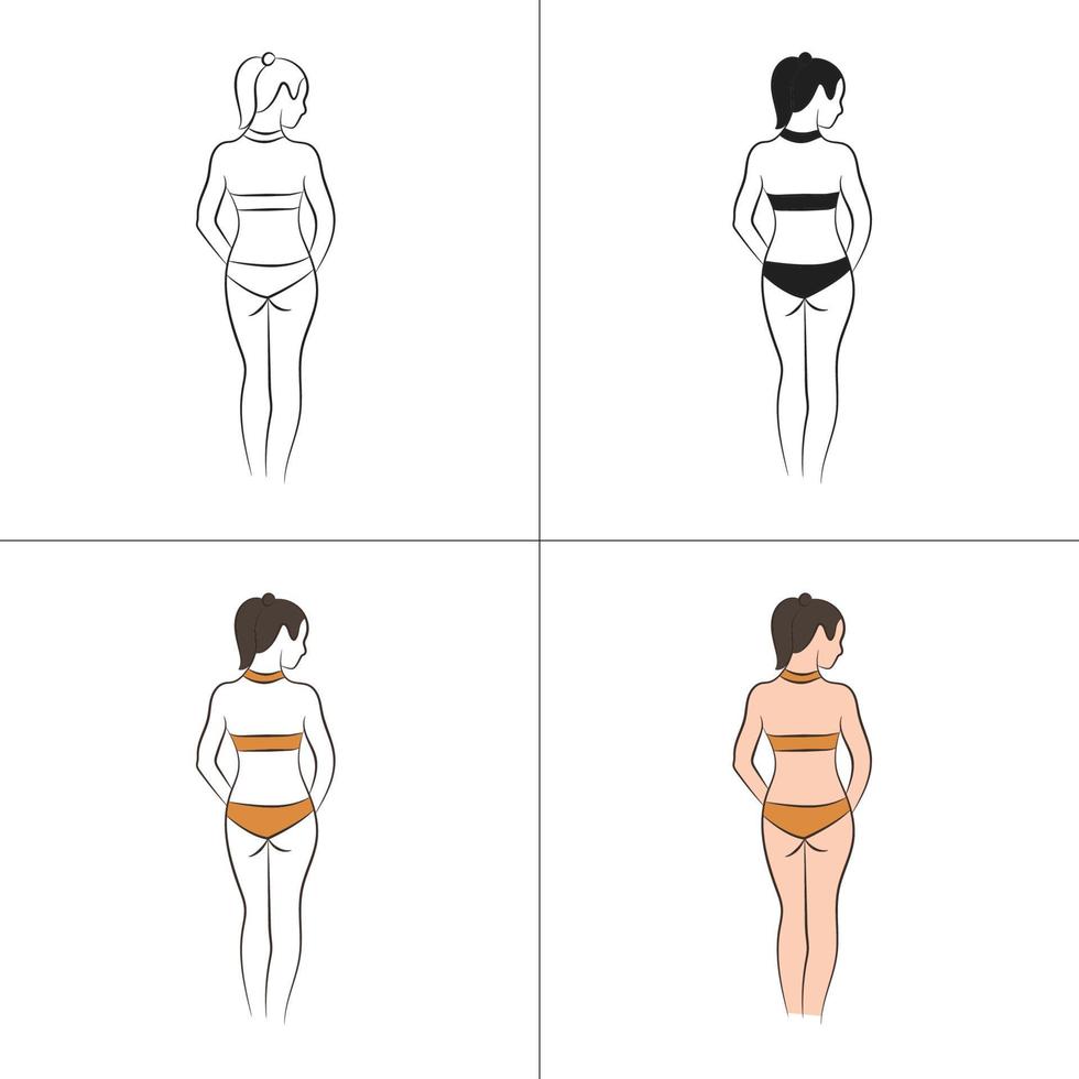 Silhouette und Strichzeichnungen des schönen Frauenkörpers und der weiblichen Fitness-Logo-Vorlagensammlung vektor