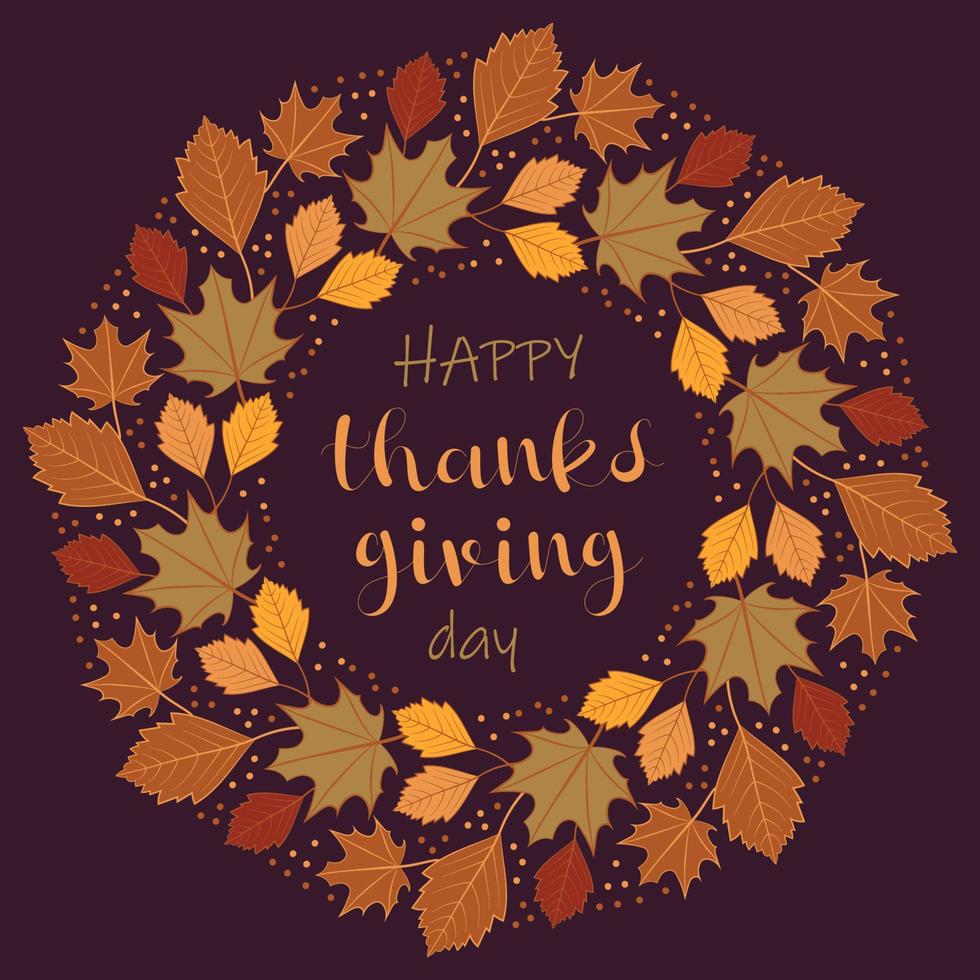 Handgezeichneter Happy Thanksgiving Day Wunsch geschrieben mit eleganter kalligraphischer Schrift und dekoriert mit Herbstlaubkränzen vektor