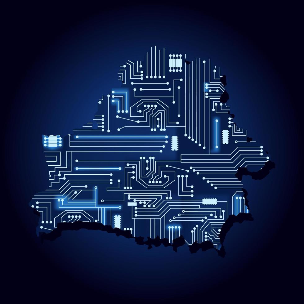 Karte von Weißrussland mit elektronischer Schaltung. Konturkarte von Weißrussland mit einer technologischen Elektronikschaltung. vektor