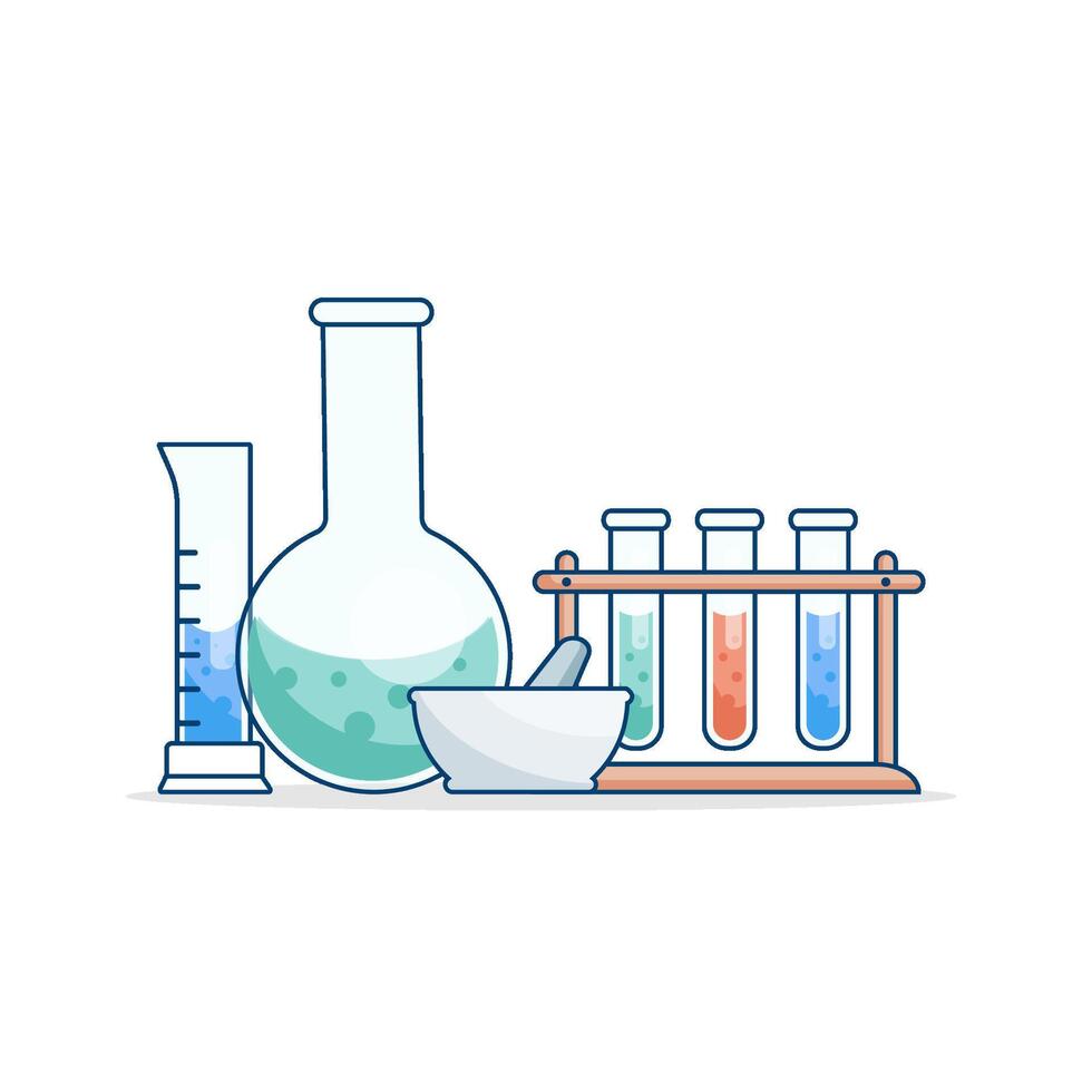 runden und flacher Boden Flaschen, Röhren mit Lösungen und Reagenzien. Labor Glaswaren. chemisch Reaktion. Illustration auf das Thema von Chemie, Biotechnologie, Biologie. vektor