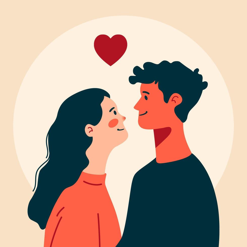 ein Paar im Liebe mit ein Herz. eben Vektor Illustration zum Valentinstag Tag. ein jung Kerl und ein Mädchen aussehen beim jeder andere und Lächeln