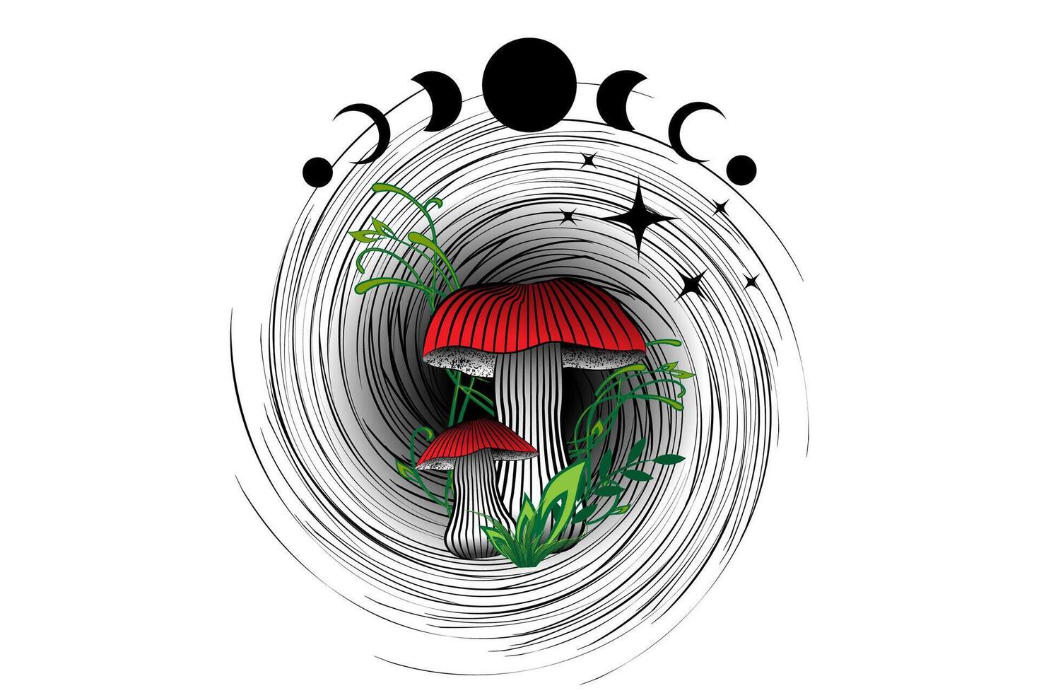 Magie Pilze auf mystisch Spiral- Loch im Boho Stil, himmlisch Amanita Muscaria, Mond Phase, Hexerei Symbol, witchy esoterisch bunt Logo Tätowierung, Blumen- Elemente Pilz. esoterisch Wicca Clip Art vektor