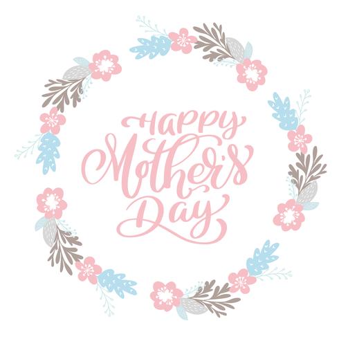 Lycklig mors dagtext krans med blommor, tagg, ikon vektor