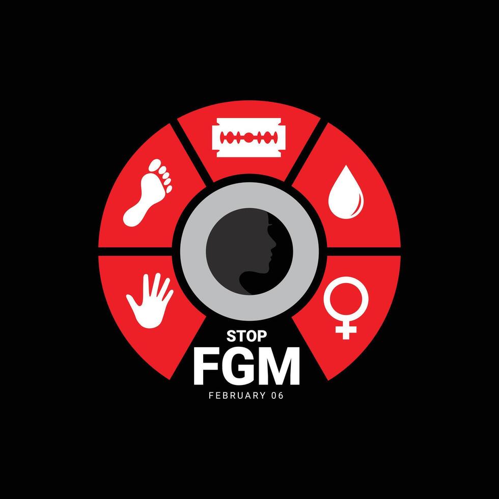 International Tag von Null Toleranz zum weiblich Genital Verstümmelung Vektoren. Frau Handabdruck mit Rasierer Klinge Silhouette Symbol Vektor. halt fgm Gewalt gegen Frauen. 6 Februar. wichtig Tag vektor