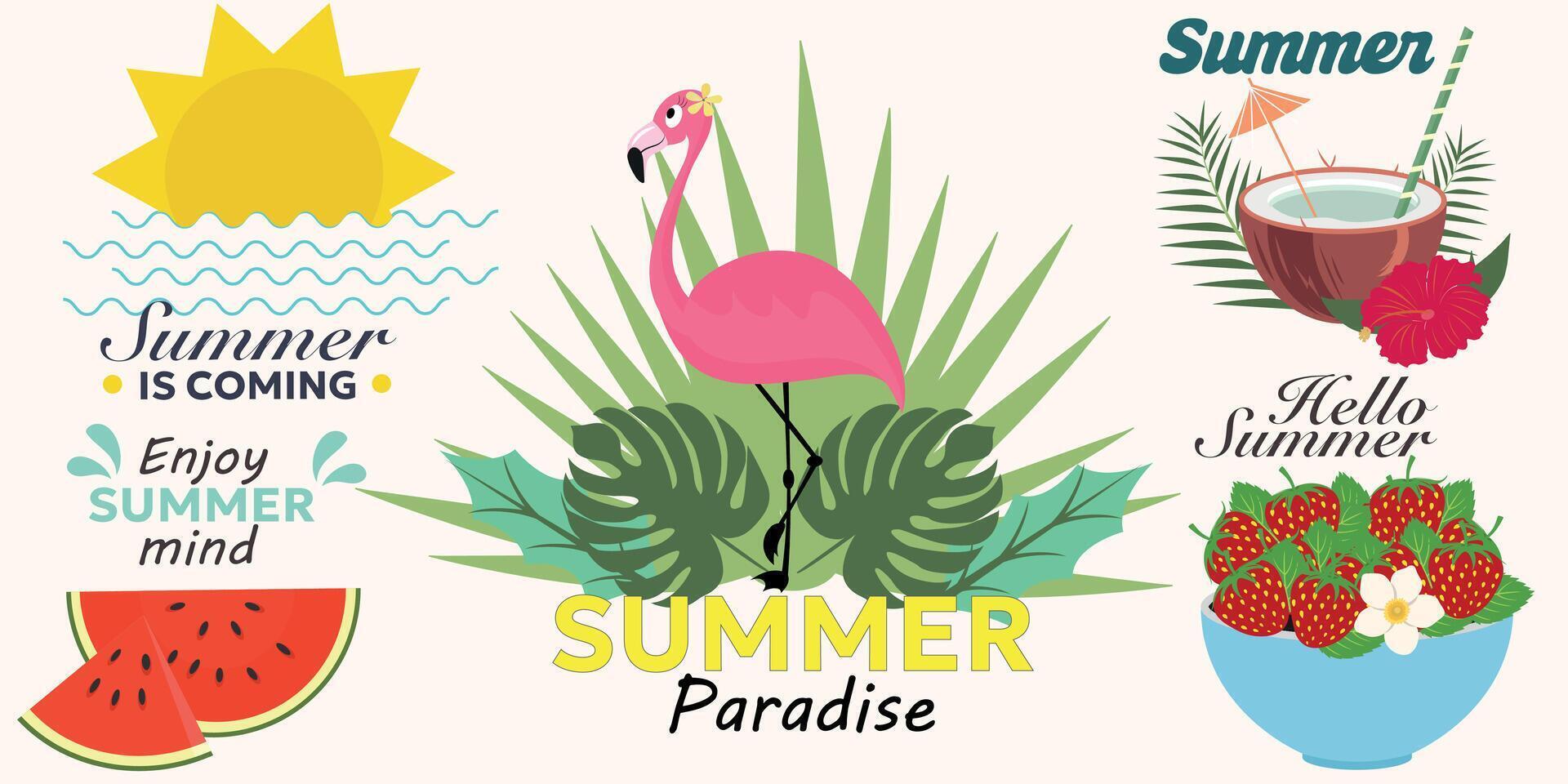 Sommer- Vektor Beschriftung Satz. Strand Urlaub, Sommer- Reise Grafik mit Beschriftung. Illustration Paradies Party Etikett, Wassermelone und tropisch Früchte.