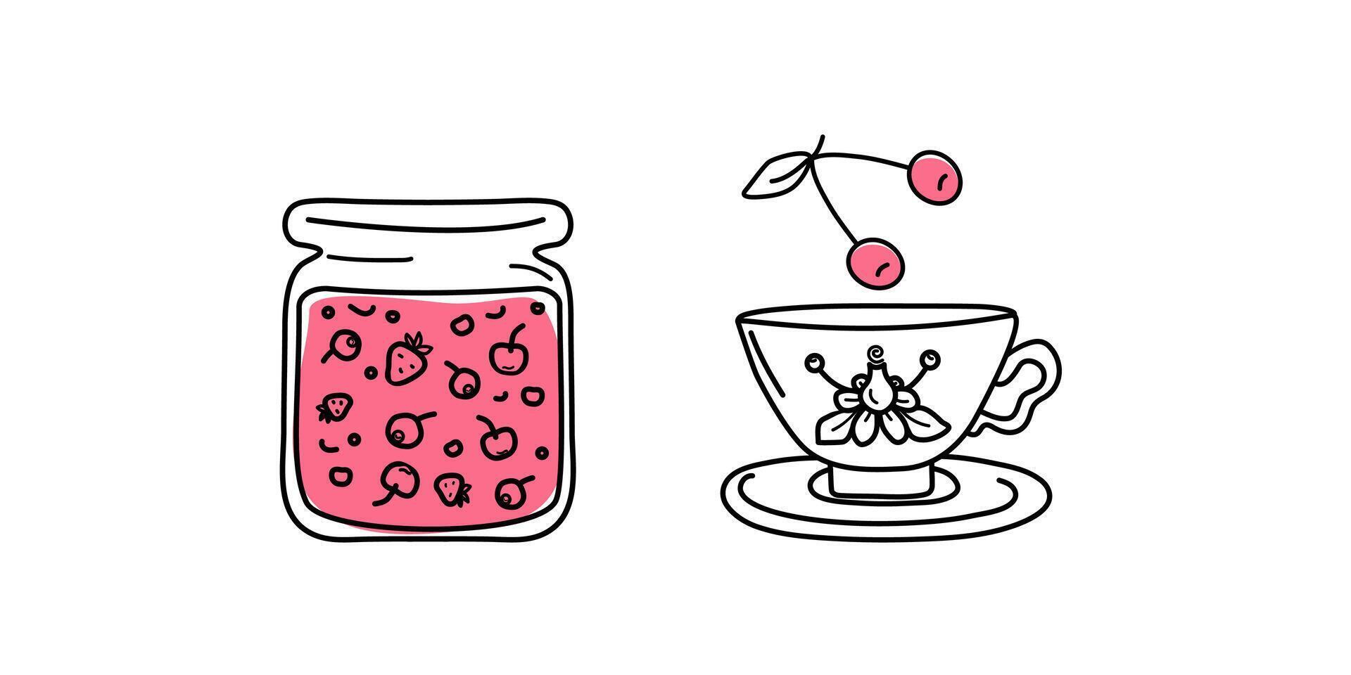 Tasse von Tee und Marmelade im Krug. Beere Marmelade. Kirsche Beere. Süss Essen, Nachtisch. Tee Party. einstellen von Symbole im Gekritzel Stil. Vektor Illustration.