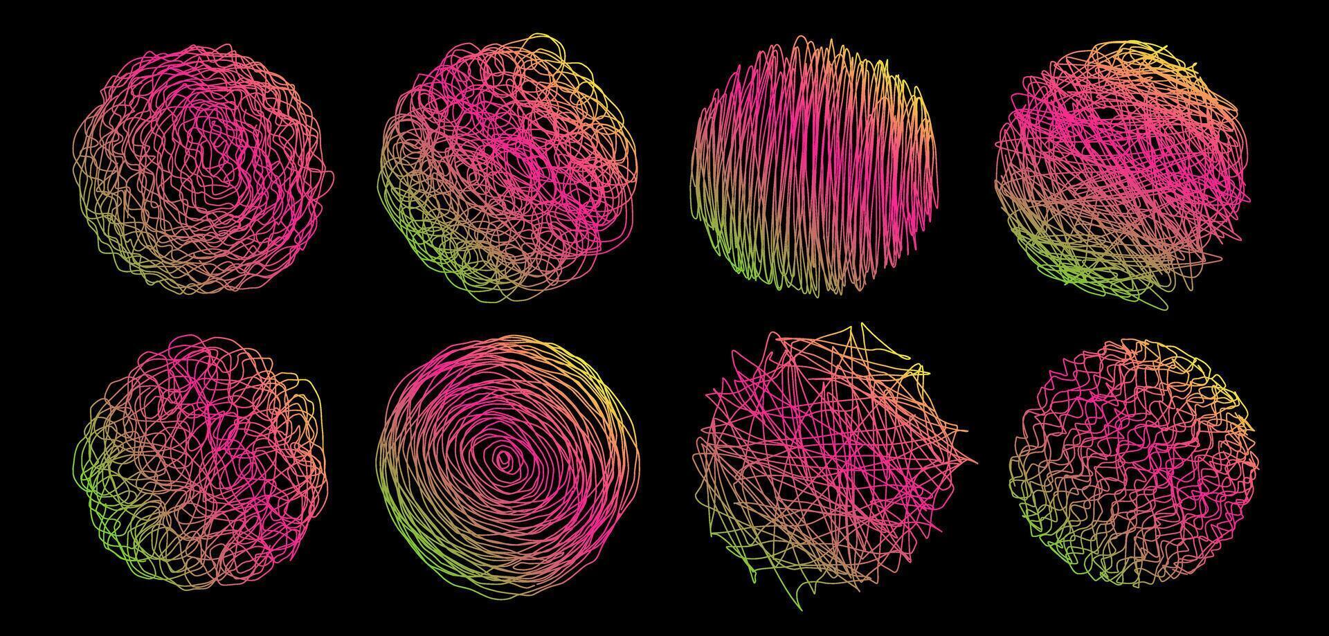 grungy runda klottra cirkel med gradient.a samling av klottrar i de form av en mound dragen med en penna. vektor illustration.