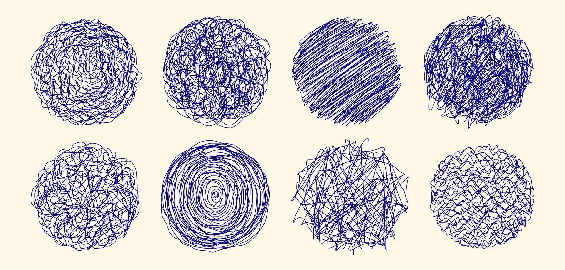 grungy runden kritzeln Kreis. ein Sammlung von kritzelt im das gestalten von ein Hügel gezeichnet mit ein Stift. Vektor Illustration.