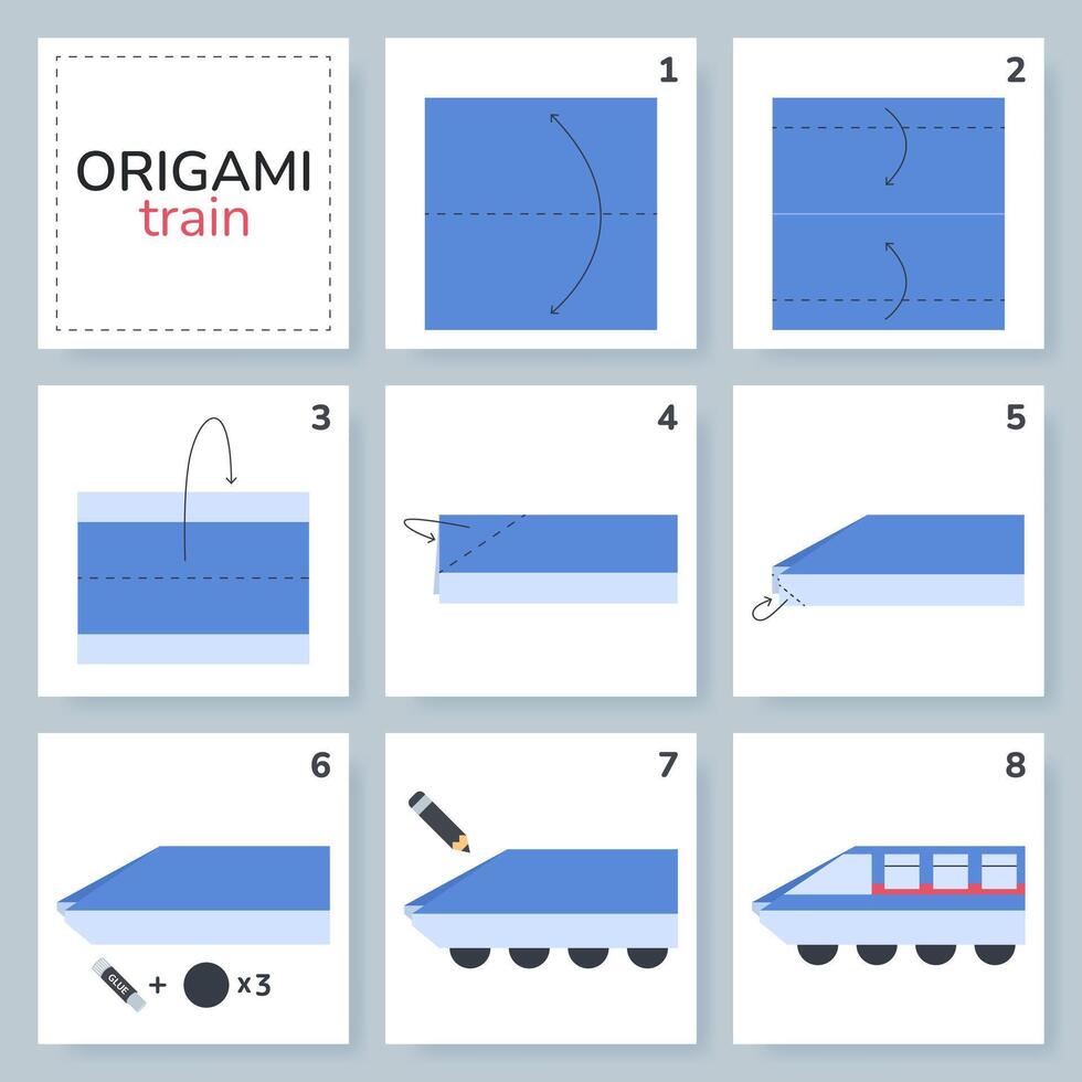 tåg origami schema handledning rör på sig modell. origami för ungar. steg förbi steg på vilket sätt till göra en söt origami transport. vektor illustration.