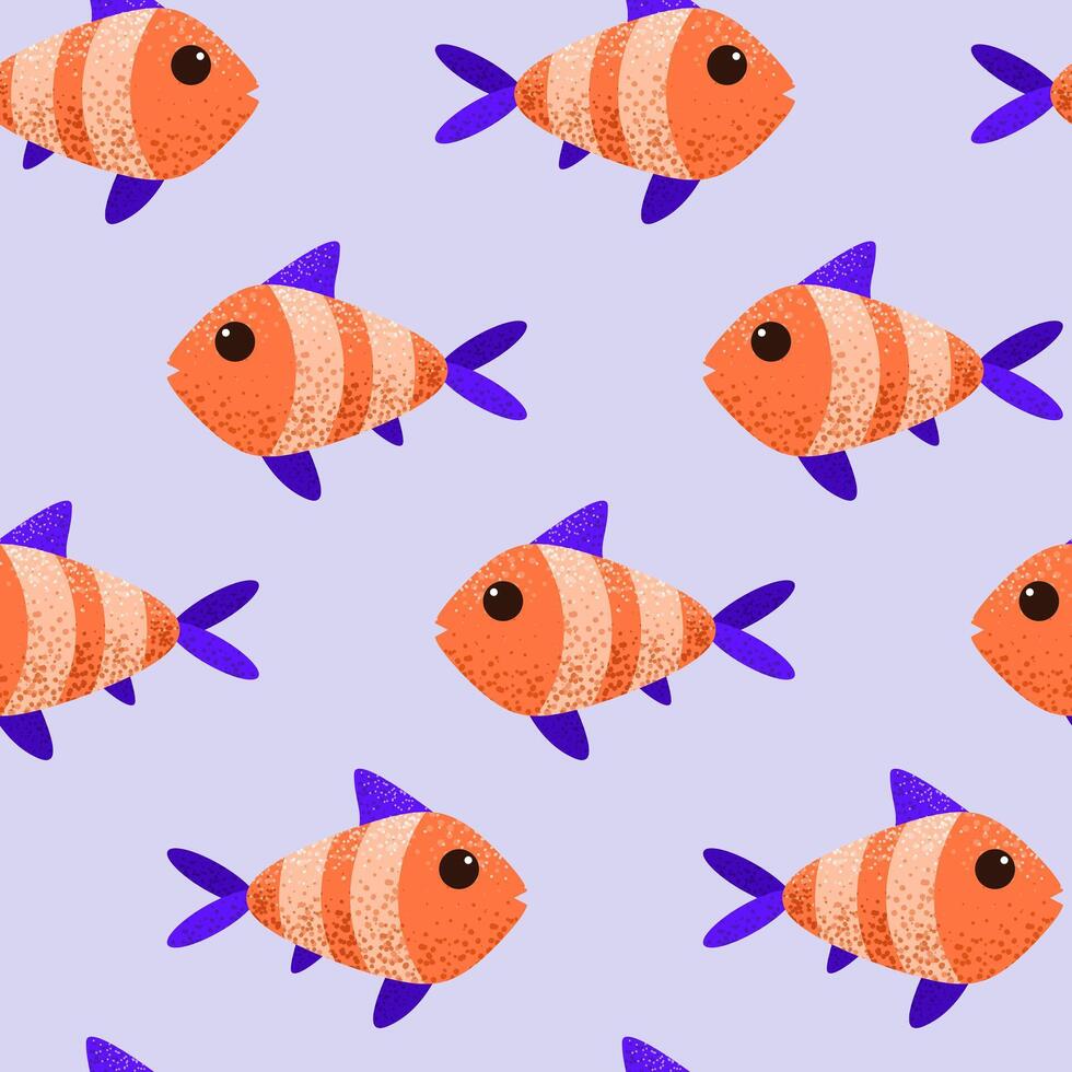 sömlös mönster med söt tecknad serie fisk. texturerad marin djur i platt stil. bricka för barnslig skriva ut, omslag, textil, bakgrund. vektor grafisk design.