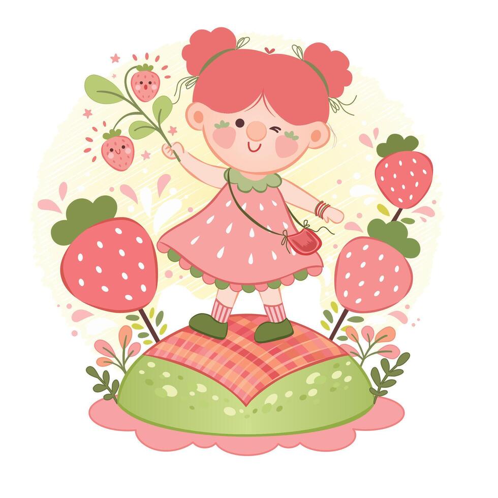 Vektor Illustration von schön süß Mädchen im ein Kleid mit Erdbeeren