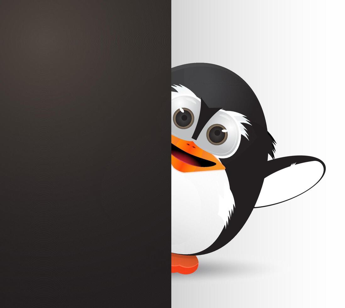 Karikatur Pinguin winken von hinter ein schwarz Banner vektor