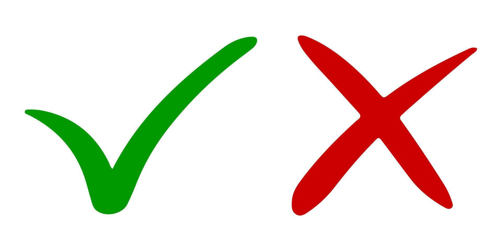 hand dragen av grön kolla upp mark och röd korsa isolerat. rätt och fel ikon. vektor illustration.