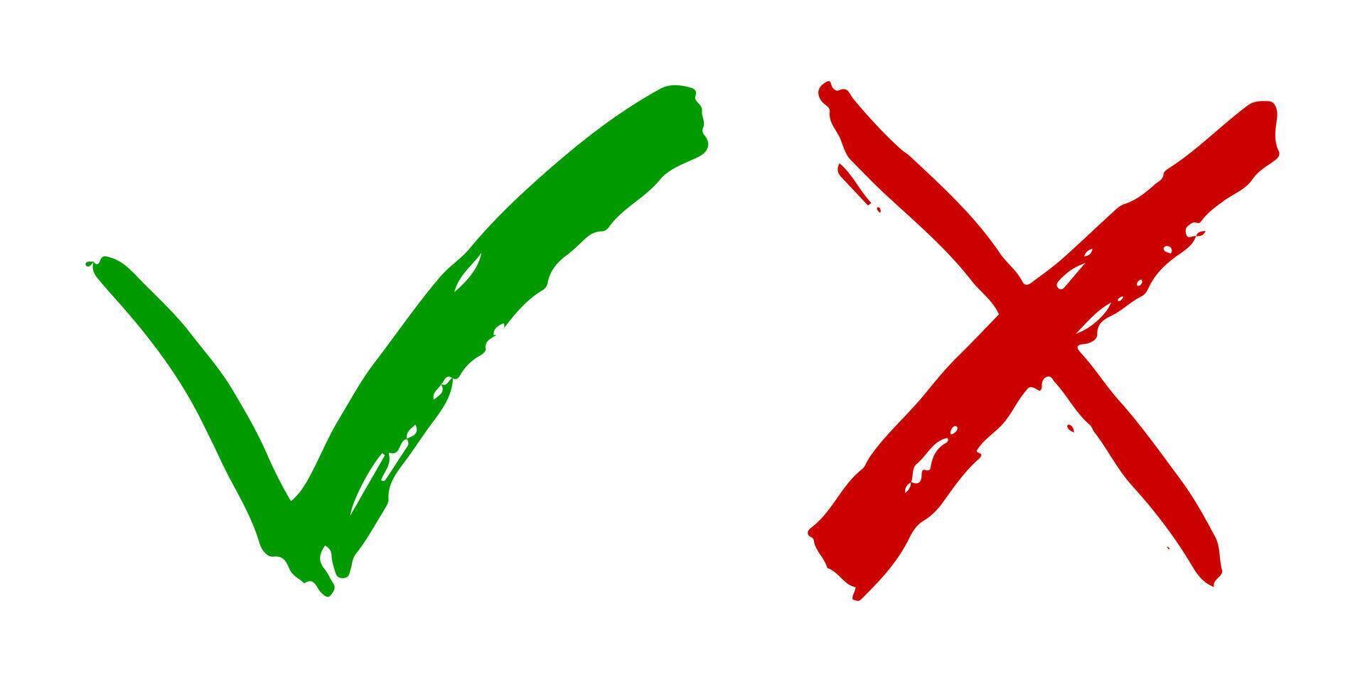 hand gezeichnet vom grünen häkchen und vom roten kreuz lokalisiert. Richtiges und falsches Symbol. Vektor-Illustration. vektor