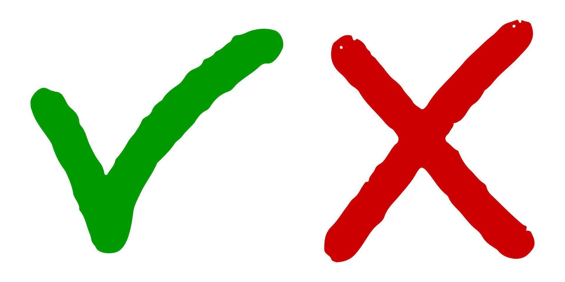 hand dragen av grön kolla upp mark och röd korsa isolerat. rätt och fel ikon. vektor illustration.