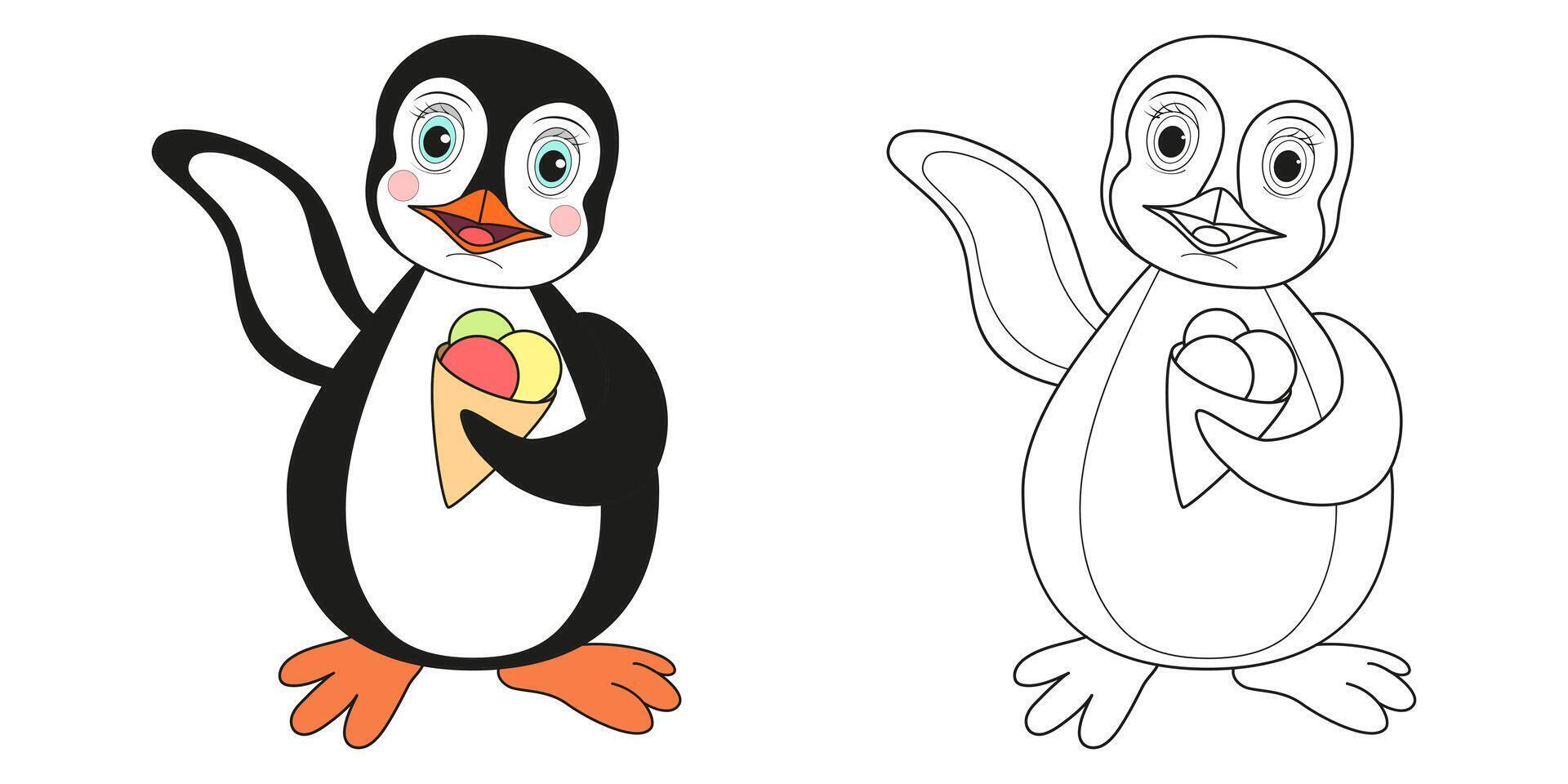 söt pingvin med is grädde. linje och Färg illustration. tecknad serie vektor illustration för färg bok.