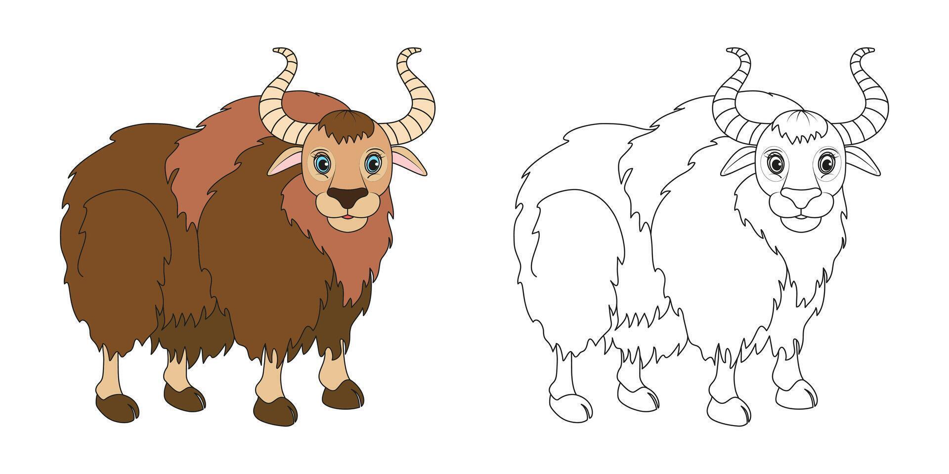 Yak oder Stier Linie und Farbe Illustration. Karikatur Vektor Illustration zum Färbung Buch.