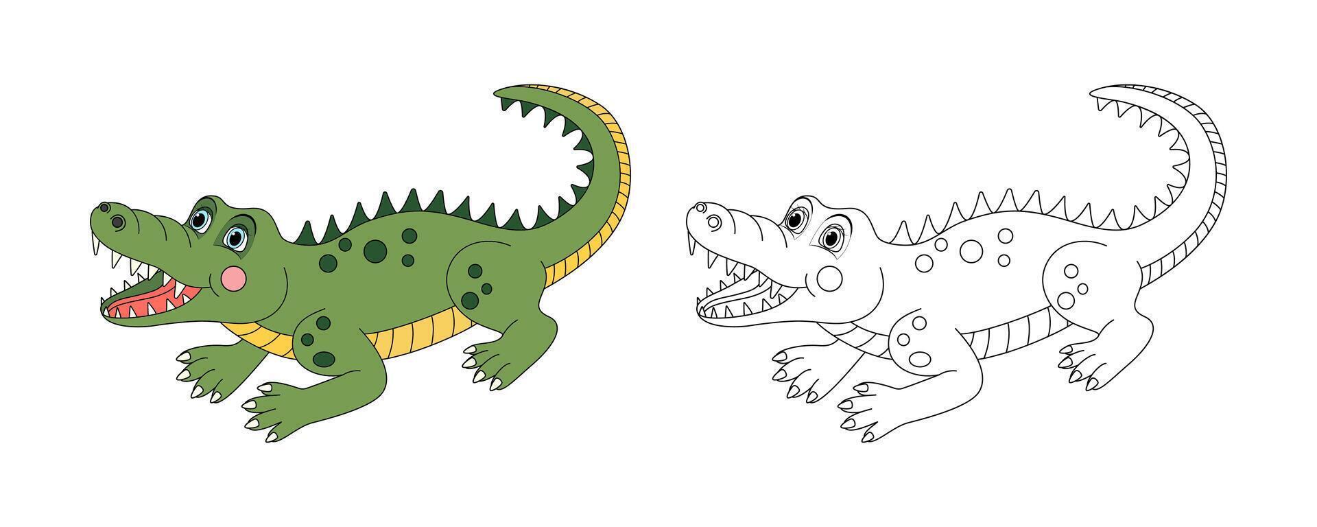 Alligator Linie und Farbe Illustration. Karikatur Vektor Illustration zum Färbung Buch.