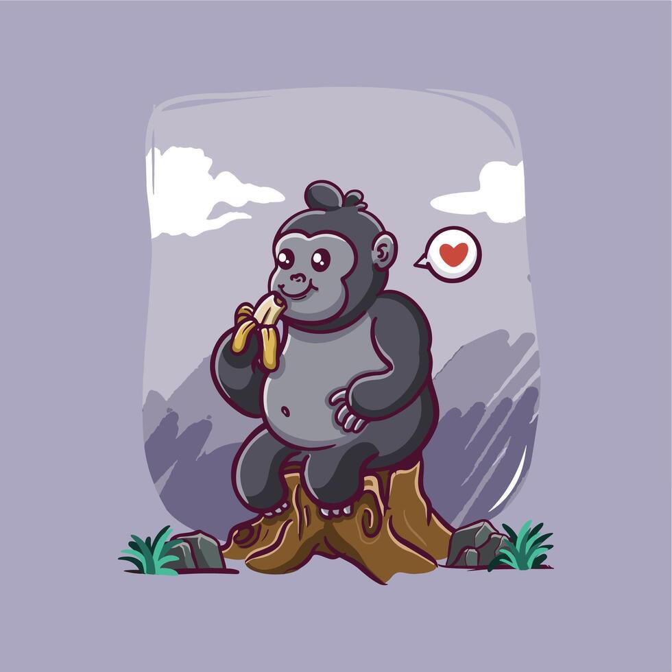 süß Gorilla Essen Banane Karikatur Vektor