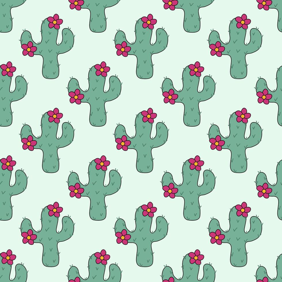 nahtlos Muster mit Kaktus Pflanzen mit Rosa Blumen. Kakteen Hintergrund. Vektor eben Illustration.