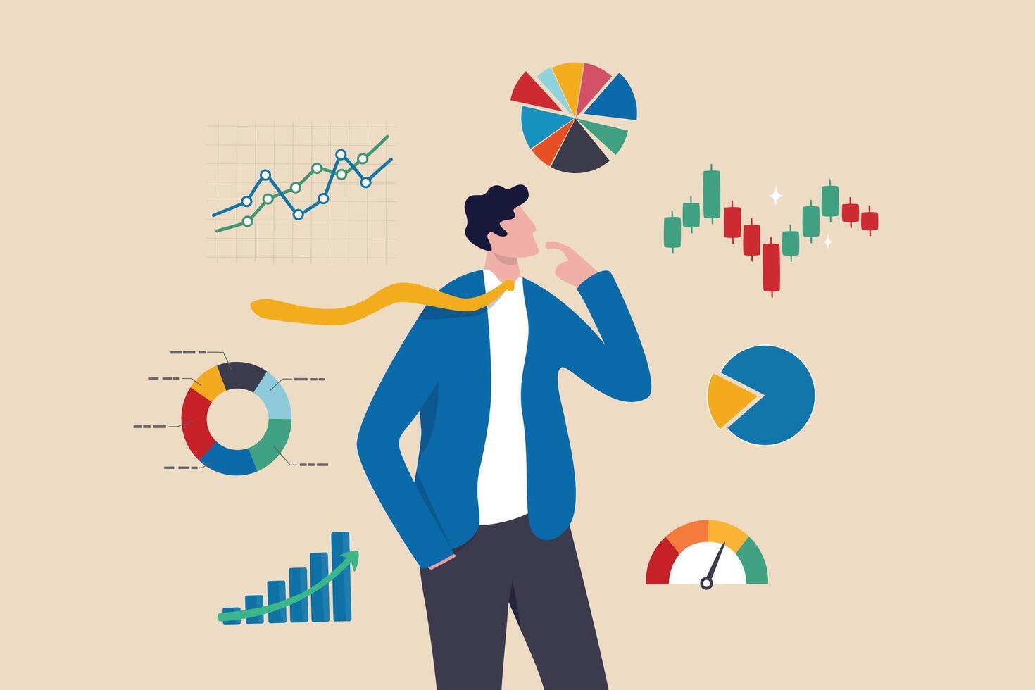 Geschäftsmann finanziell Daten Analyse, wirtschaftlich und Wachstum Diagramm, Lager Markt Austausch Daten, Investition Analyse, Wachstum verdienen Einkommen Konzept, Geschäftsmann Denken mit Daten Diagramm und Graph. vektor