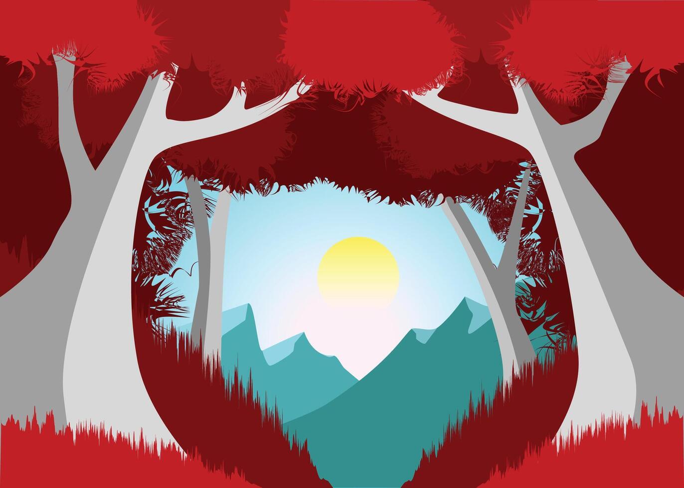 schön Karikatur Fantasie Landschaft mit Sonnenuntergang oder Sonnenaufgang im ein magisch rot Baum Wald vektor