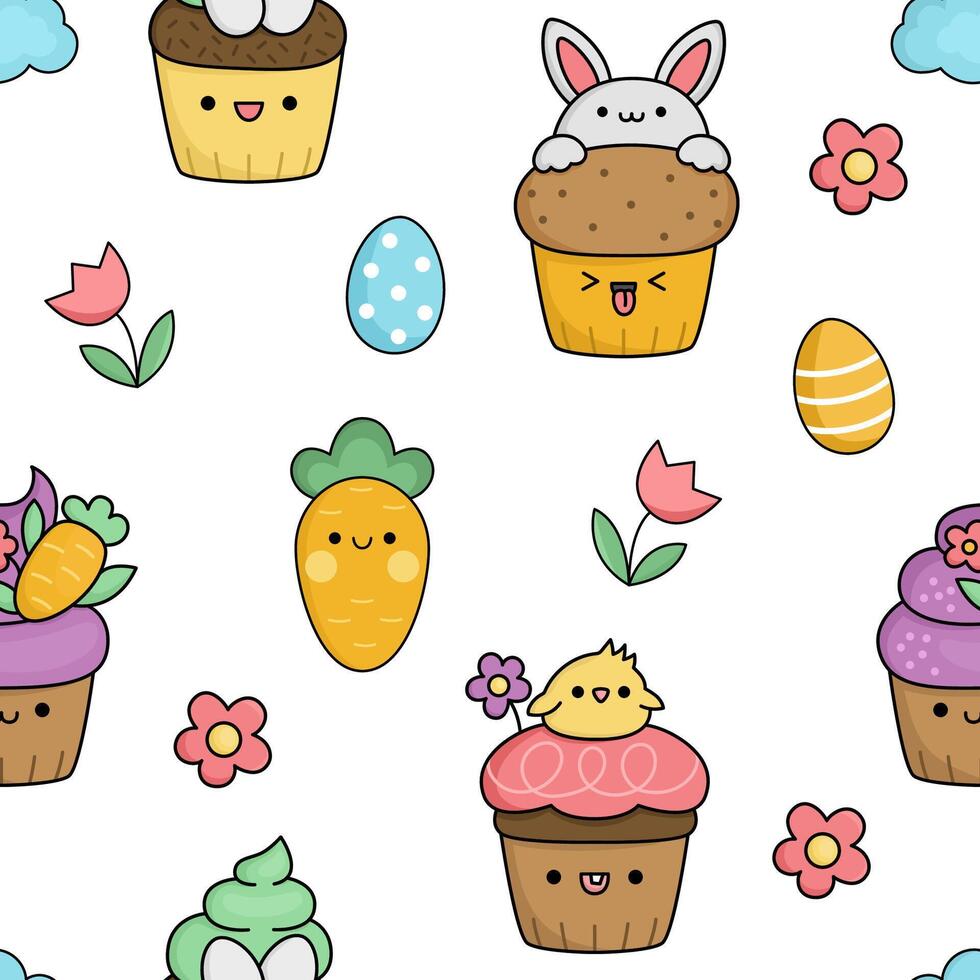 vektor söt påsk sömlös mönster för barn med rolig cupcakes. söt tecknad serie upprepa bakgrund. traditionell symboler digital papper med färgad ägg, kakor, morot. vår Semester textur