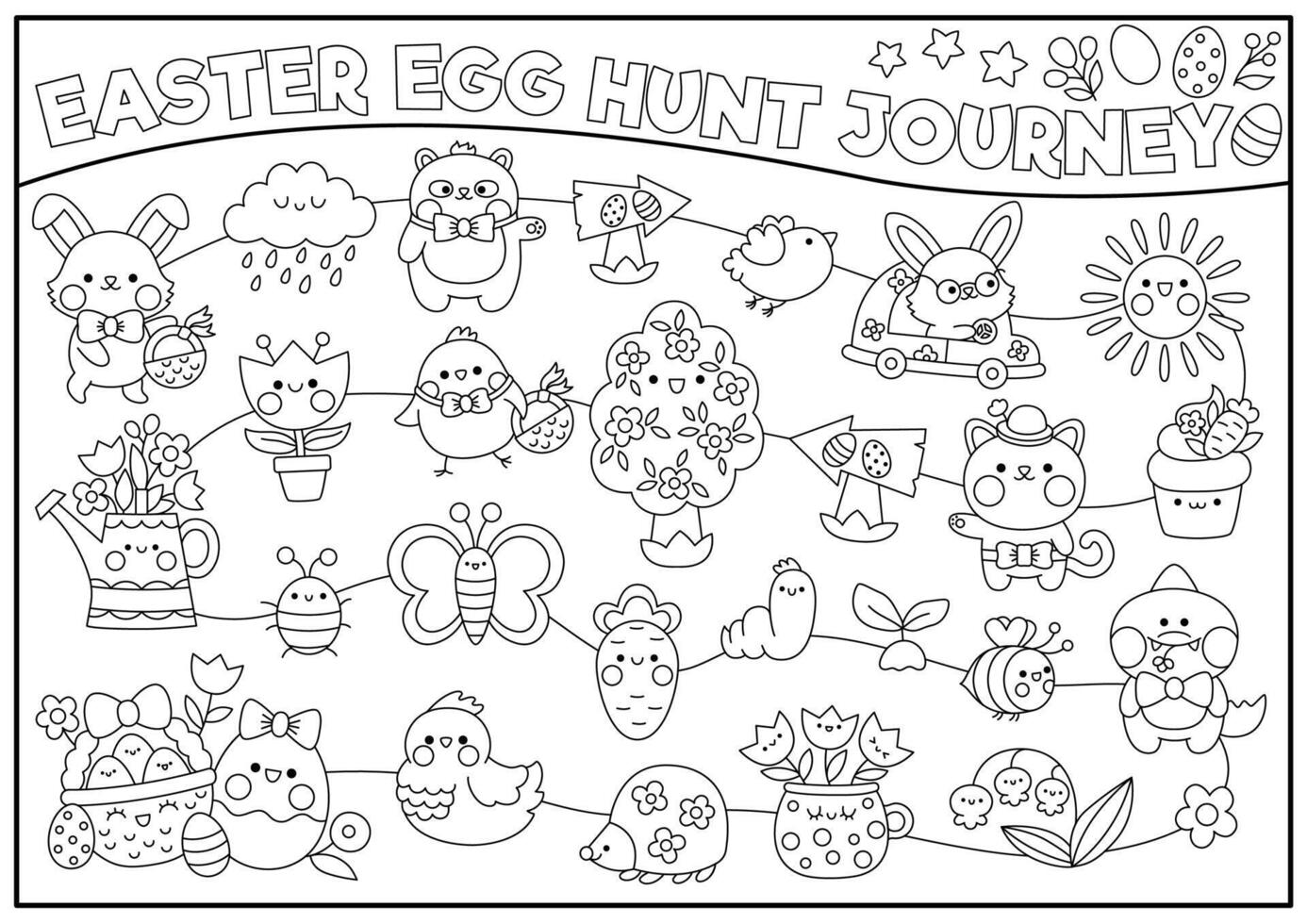 Vektor schwarz und Weiß Ostern Ei jagen Reise Spiel mit Urlaub Symbole. Linie kawaii Frühling Planer, Labyrinth, Advent Countdown Kalender zum Kinder. festlich Garten Färbung Seite mit Hase, Küken